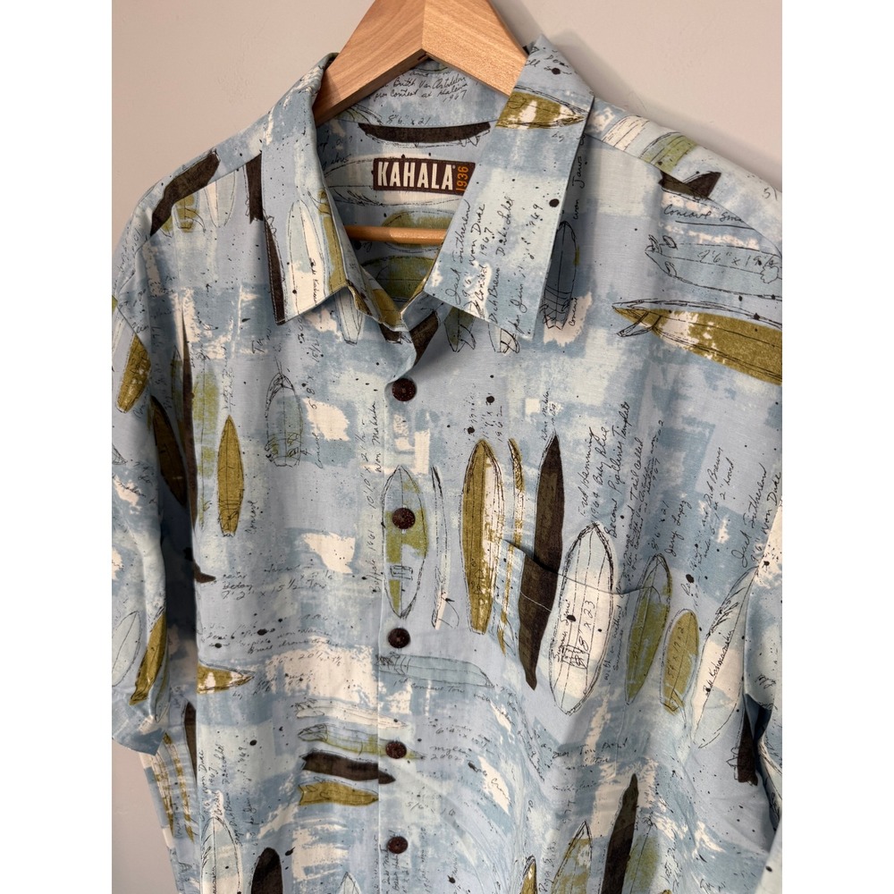 Kahala 1936 Mens 2XL Surfboard Blueprint Aloha Shirt Blue Rayon Linen 3036-7039